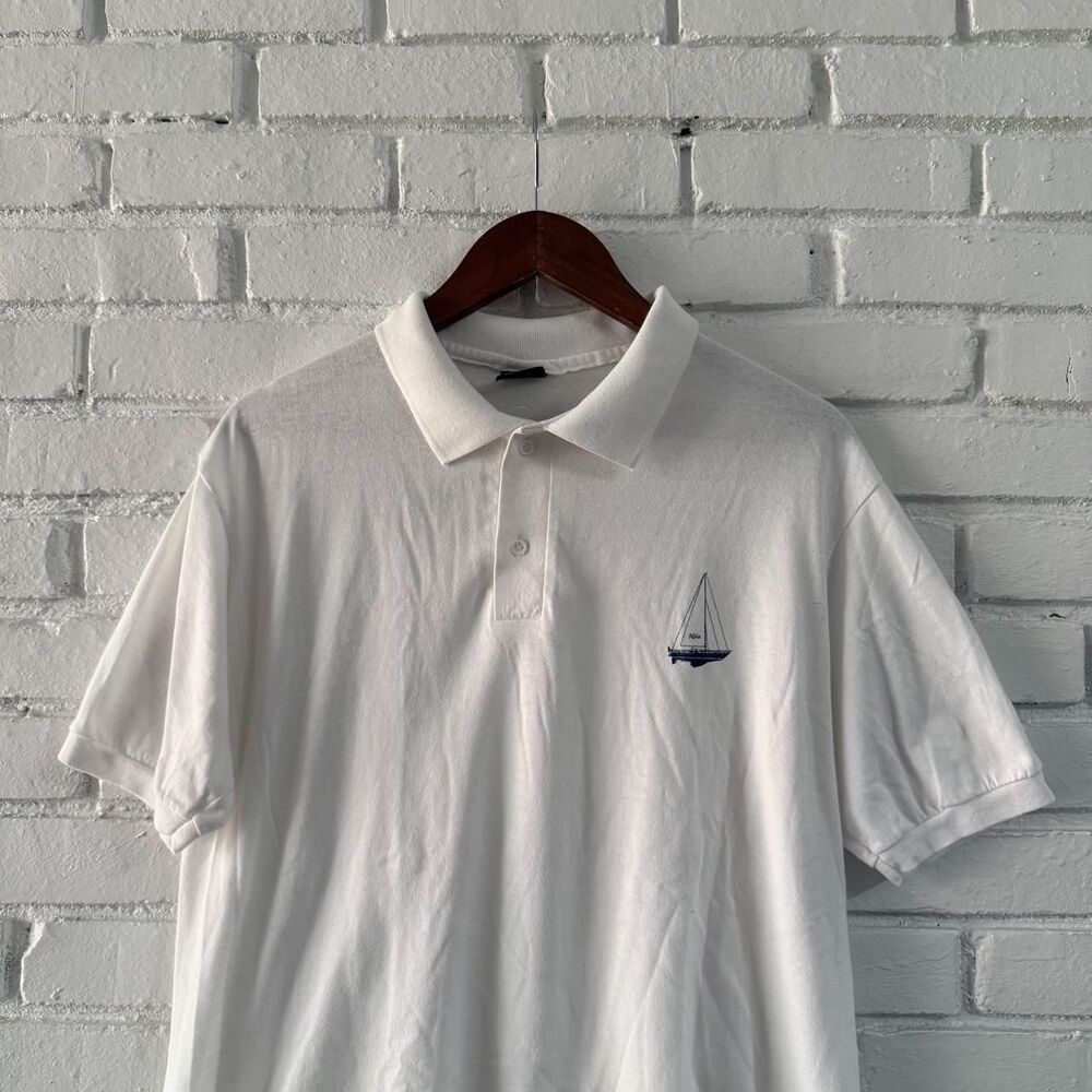 Vintage 70s Sailing Nina Anvil Made in USA White Polo Shirt (Size Medium)